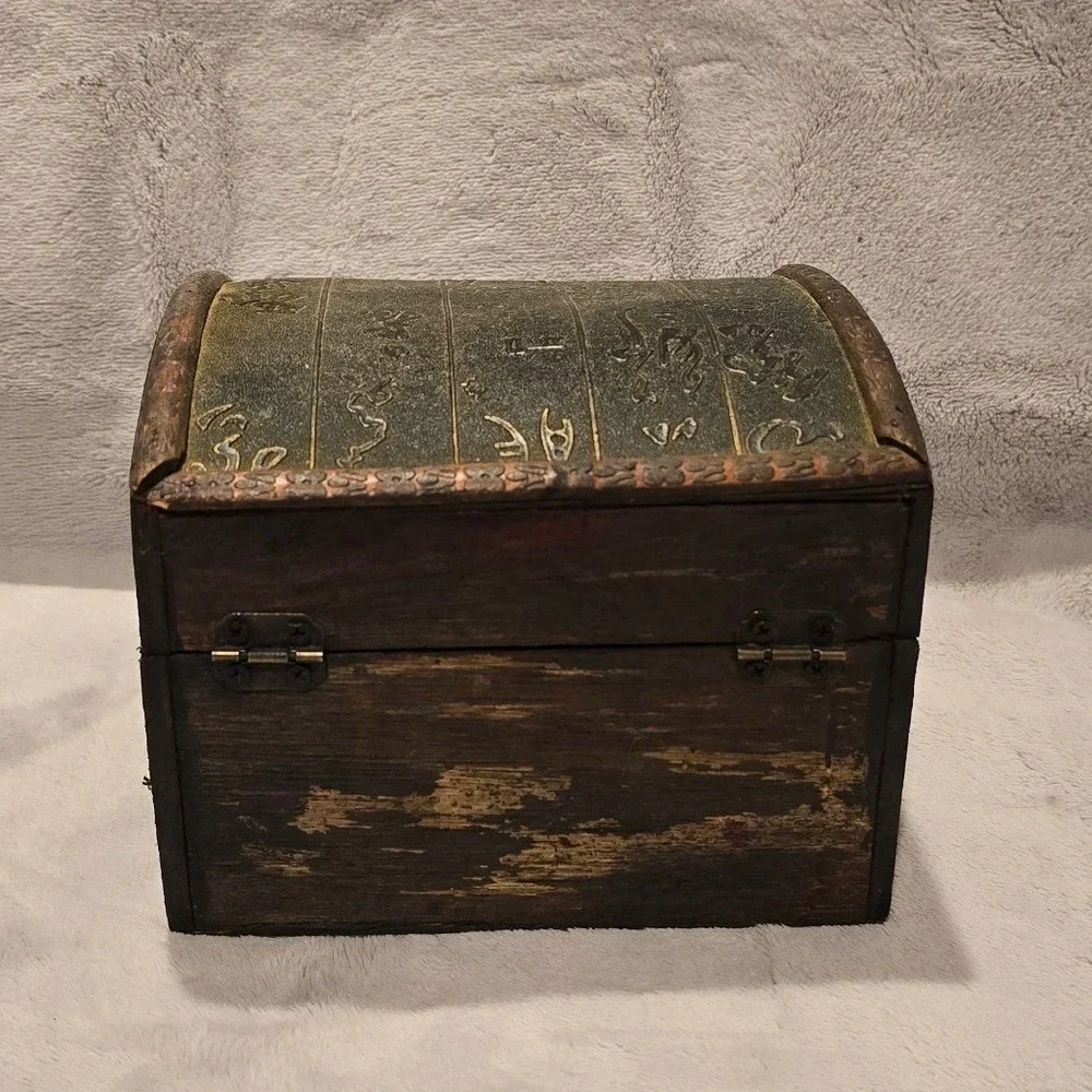 Vintage Wooden Treasure Chest Trinket Box Asian Script‎ Embossed 6